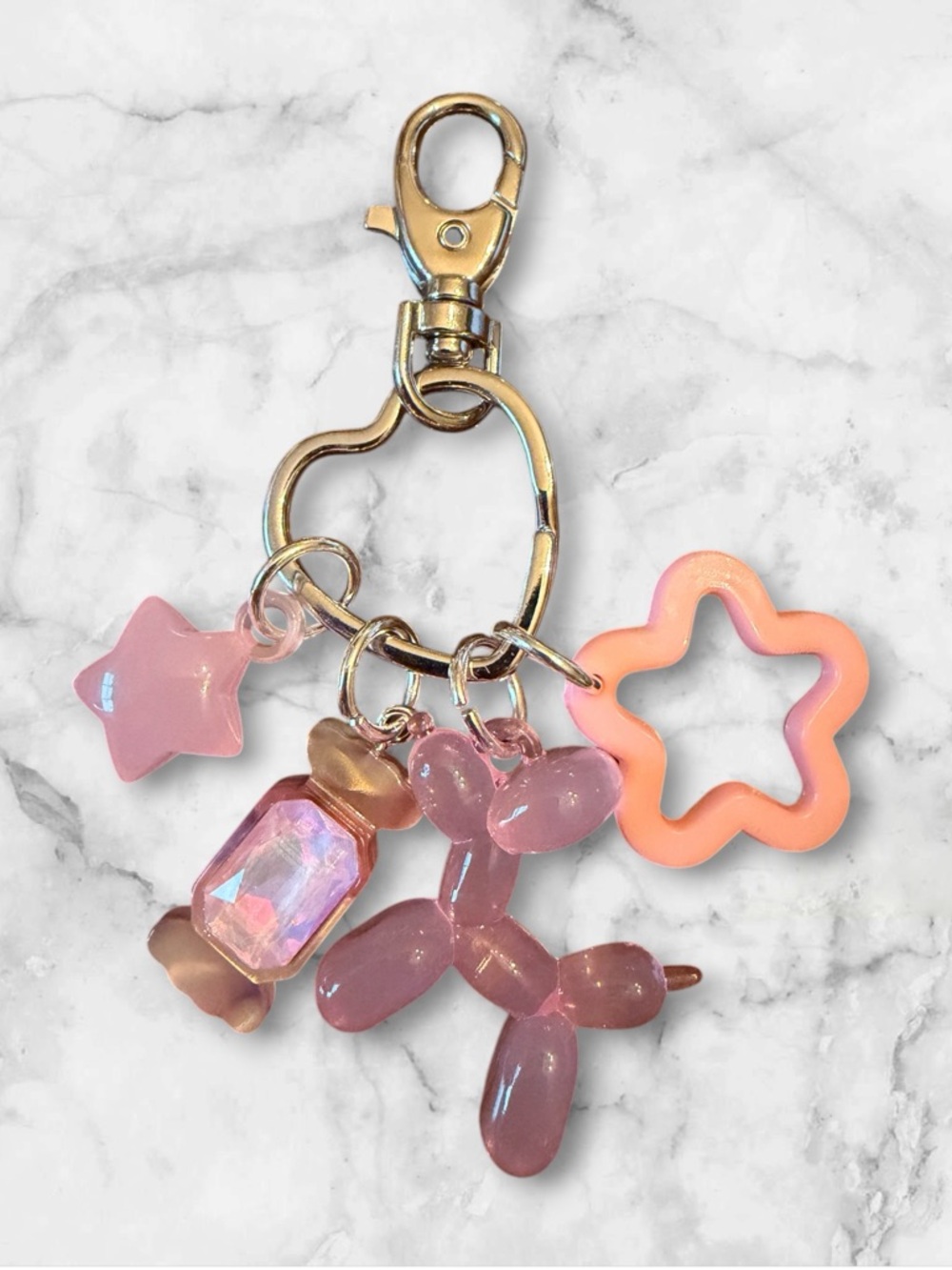 Pink Balloon Dog Charm Keychain with Star Accents